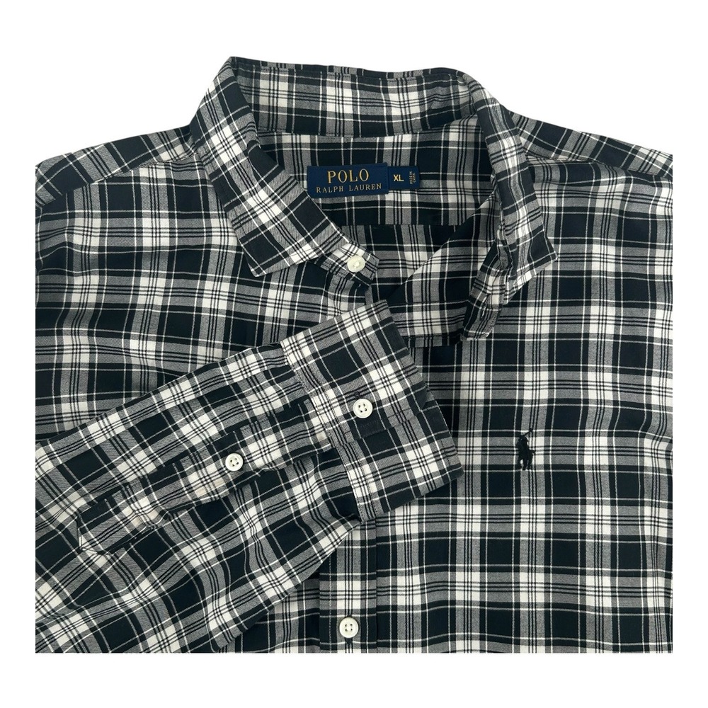 Polo Ralph Lauren Mens X-Large Plaid Long‎ Sleeve Shirt Black White Casual Dress